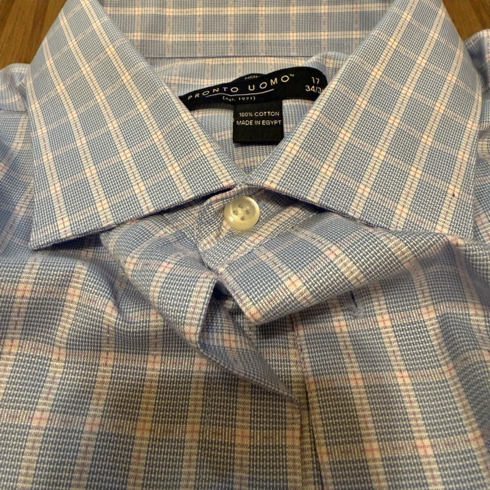 Pronto Uomo Light Blue Plaid Shirt size 17 34/35 - Picture 2 of 3